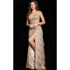 Jovani Rhinestone Corset Mesh Tulle Ruffle Layered Gown NWT